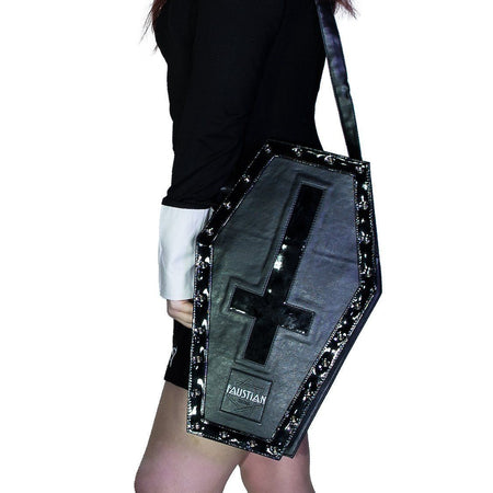 Large Black Patent Inverted Cross Vegan Leather Coffin Bag - Petra - Dr Faust