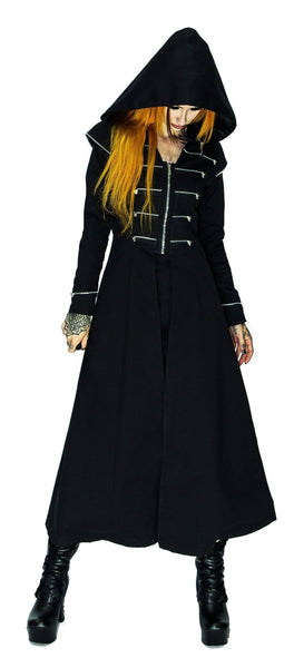 Long Hooded Designer Black Cotton Coat - Azalea - Dr Faust