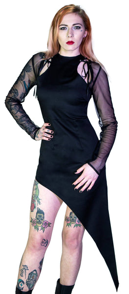 Mesh Sleeve Asymmetrical Hem Bodycon Black Mini Dress - Dana - Dr Faust