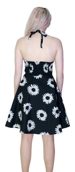 Monochrome Sunflower Halterneck Black Mini Dress - Alizon - Dr Faust
