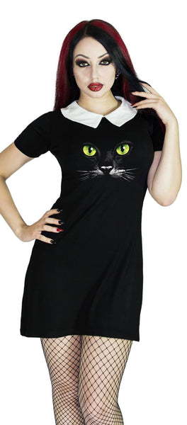 Mysterious Cat Face Black Mini Dress - Gwen - Dr Faust