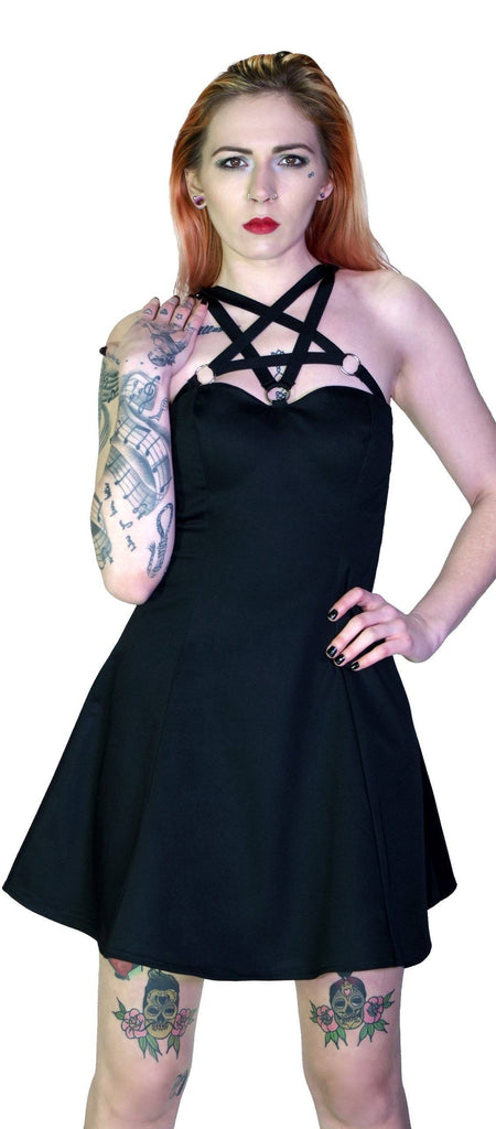 O-Ring Pentagram Strap Black Mini Dress - Rita - Dr Faust