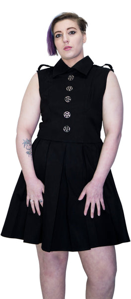 Occult Silver Pentagram Buttons Black Plus Size Midi Dress - Hattie - Dr Faust