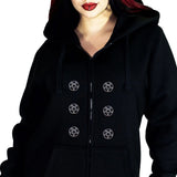 Occult Silver Pentagram Buttons Women's Black Hoodie - Georgia - Dr Faust