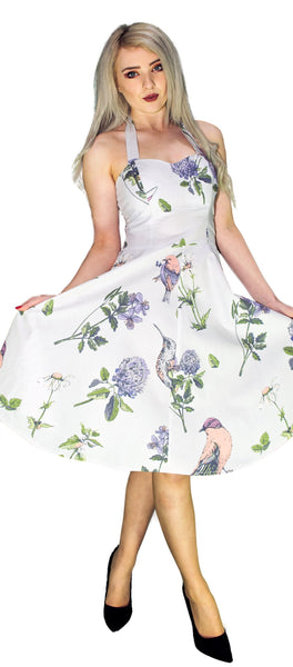 Purple Flowers and Exotic Birds White Midi Dress - Rhea - Dr Faust