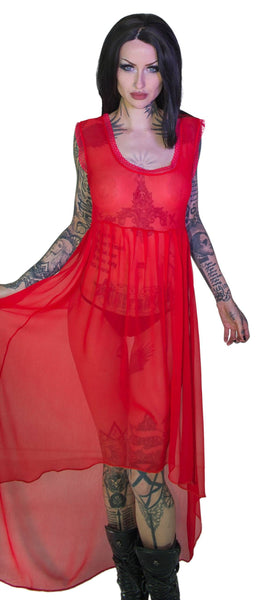 Ravishing Red Long Sheer Dress - Lacey - Dr Faust