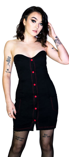 Red Button-Down Strapless Black Mini Dress - Allie - Dr Faust