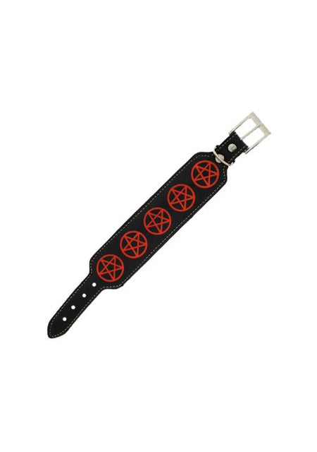Red Pentagrams Black Vegan Leather Bracelet - Erick - Dr Faust