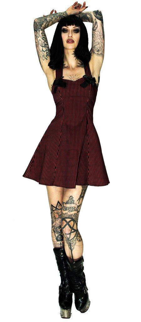 Red and Black Pin Striped Sharp Mini Dress - Lucy