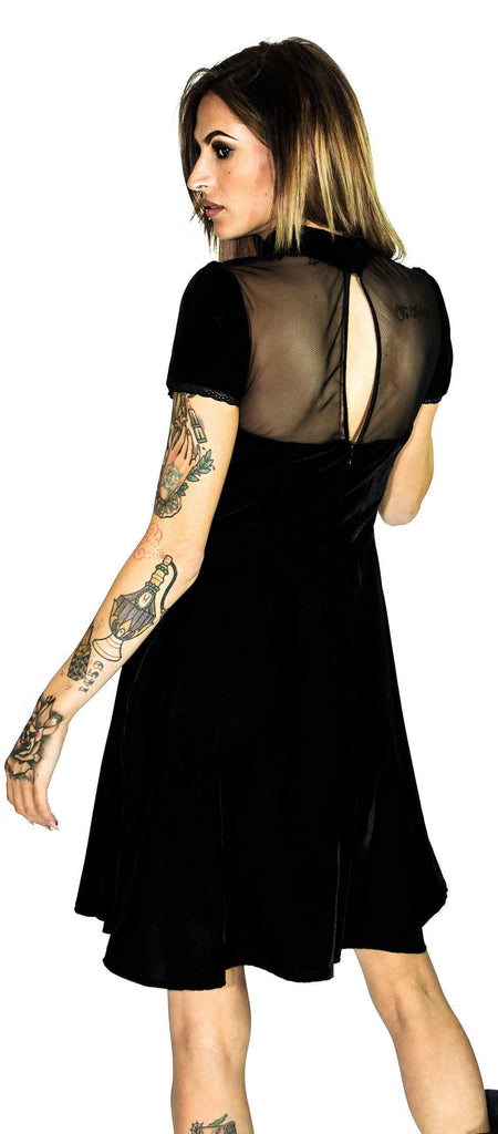 Keyhole Short Sleeve Black Velvet Mini Dress - Odette - Dr Faust