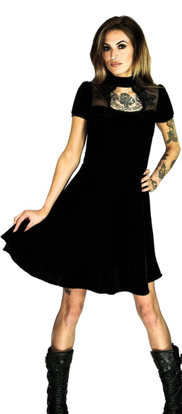 Keyhole Short Sleeve Black Velvet Mini Dress - Odette - Dr Faust