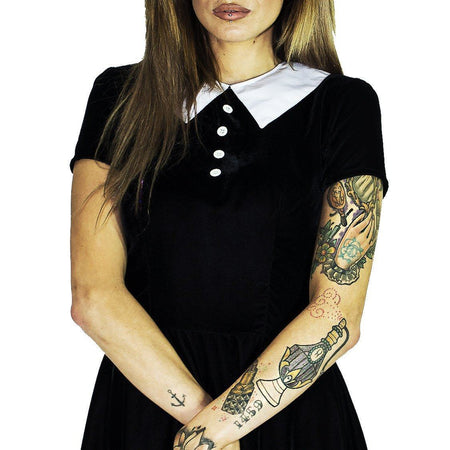 Short Sleeve Wednesday Addams Black Velvet Mini Dress - Kalinda - Dr Faust