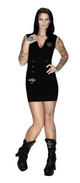 Silver Anchor Buttons Black Mini Dress - Navey - Dr Faust
