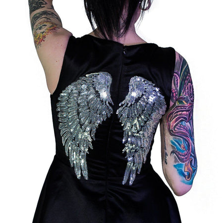 Silver Sequin Wings Black Silk Mini Dress - Hope - Dr Faust