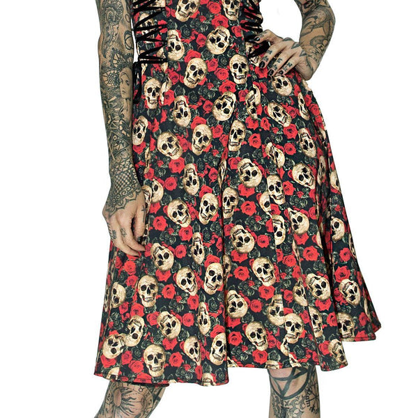 Darkly Skulls and Red Roses Midi Dress - Piper - Dr Faust