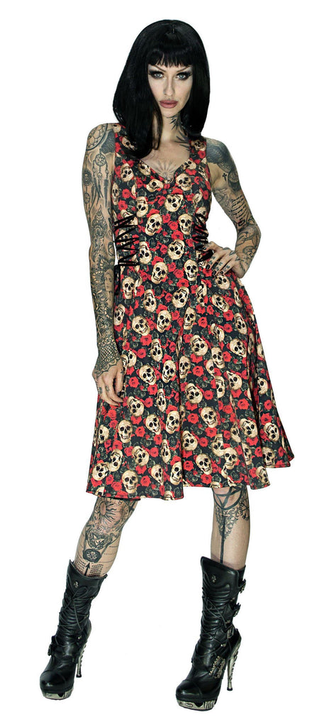Darkly Skulls and Red Roses Midi Dress - Piper - Dr Faust