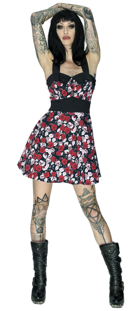 Skulls and Red Roses Mini Dress - Ember - Dr Faust