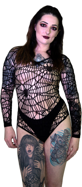 Spider Web Fish Net Black Sheer Bodysuit - Idania - Dr Faust