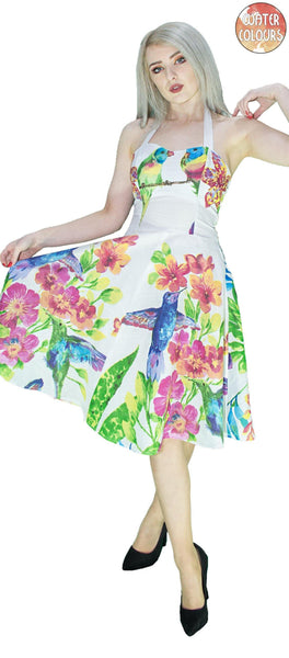 Exotic Birds and Flowers White Midi Dress - Ulani - Dr Faust