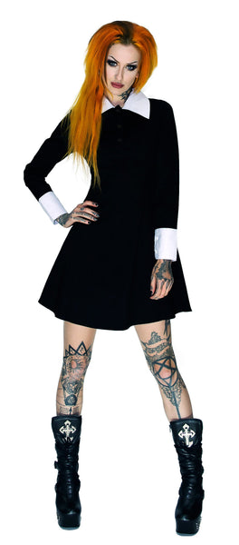 Long Sleeve Wednesday Addams Black Mini Dress - Megan - Dr Faust