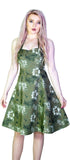 White and Bronze Flowers Green Retro Midi Dress - Laurie - Dr Faust