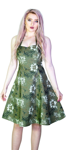 White and Bronze Flowers Green Retro Midi Dress - Laurie - Dr Faust