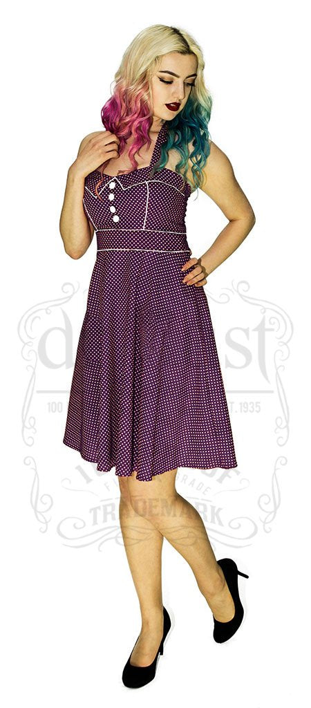 White Polka Dot Royal Purple Vintage Midi Dress - Sophie - Dr Faust